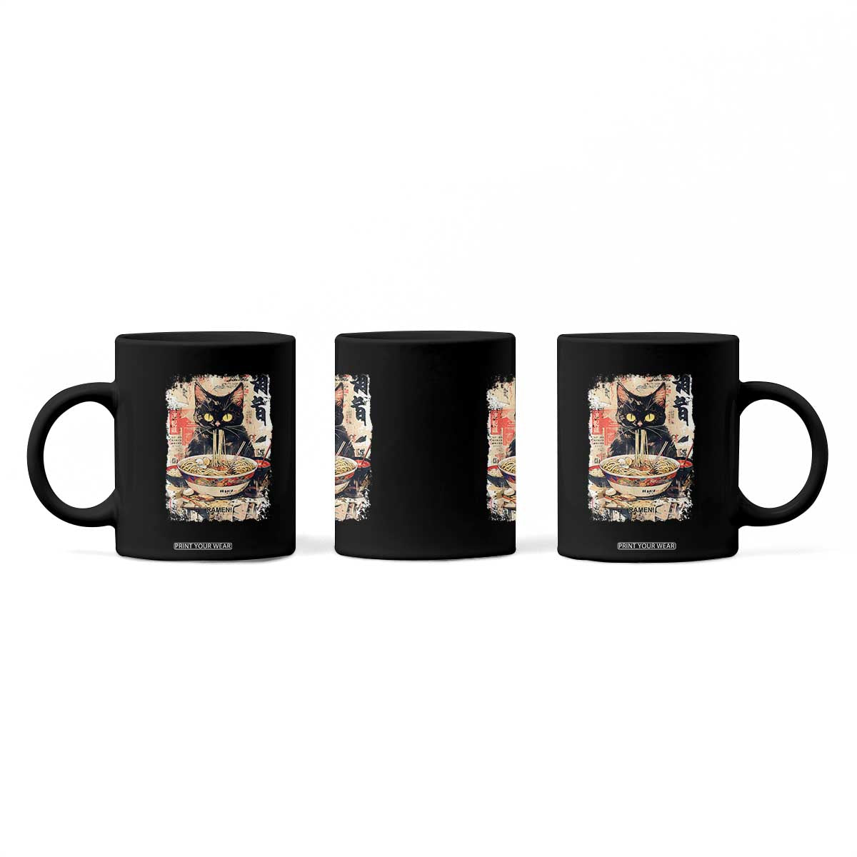Ramen Noodles Black Cat Graphic Coffee Mug Kawaii Retro Japan Y2K Cats Manga Anime TS02 Print Your Wear