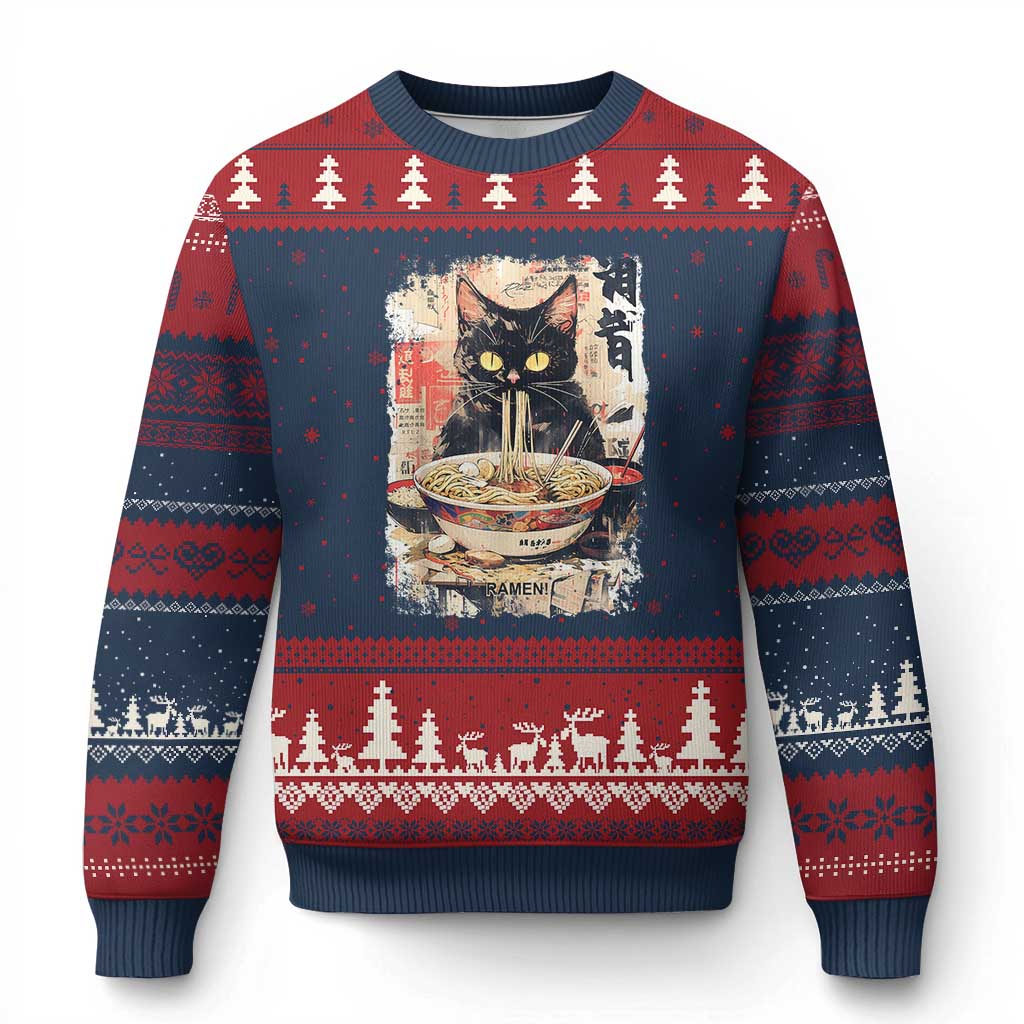 Ramen Noodles Black Cat Graphic Ugly Christmas Sweater Kawaii Retro Japan Y2K Cats Manga Anime TS02 Navy Red Print Your Wear