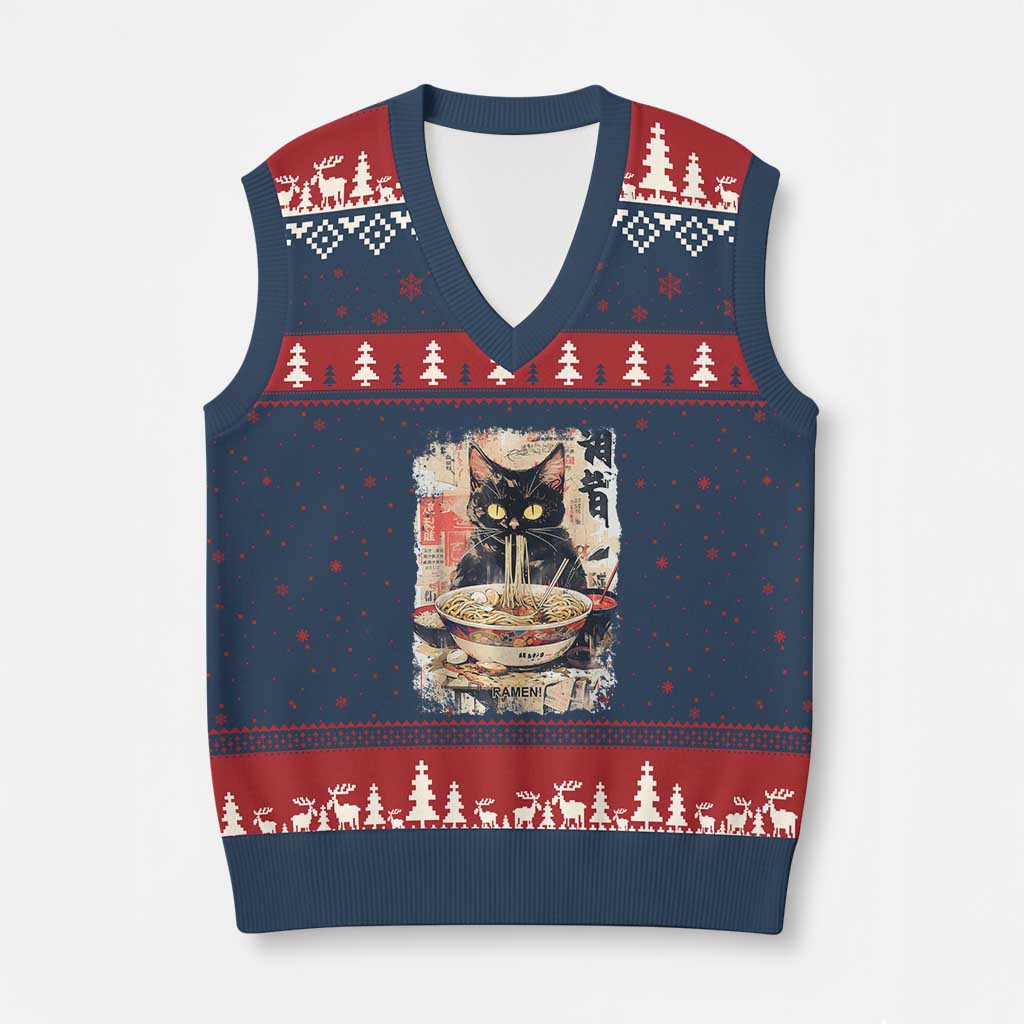 Ramen Noodles Black Cat Graphic V-Neck Knit Sweater Vest Kawaii Retro Japan Y2K Cats Manga Anime TS02 Navy Red Print Your Wear