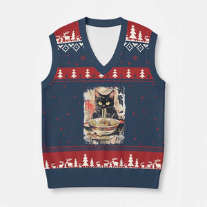 Ramen Noodles Black Cat Graphic V-Neck Knit Sweater Vest Kawaii Retro Japan Y2K Cats Manga Anime TS02 Navy Red Print Your Wear