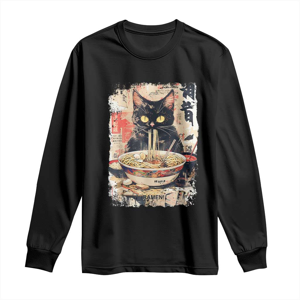Ramen Noodles Black Cat Graphic Long Sleeve Shirt Kawaii Retro Japan Y2K Cats Manga Anime TS02 Black Print Your Wear