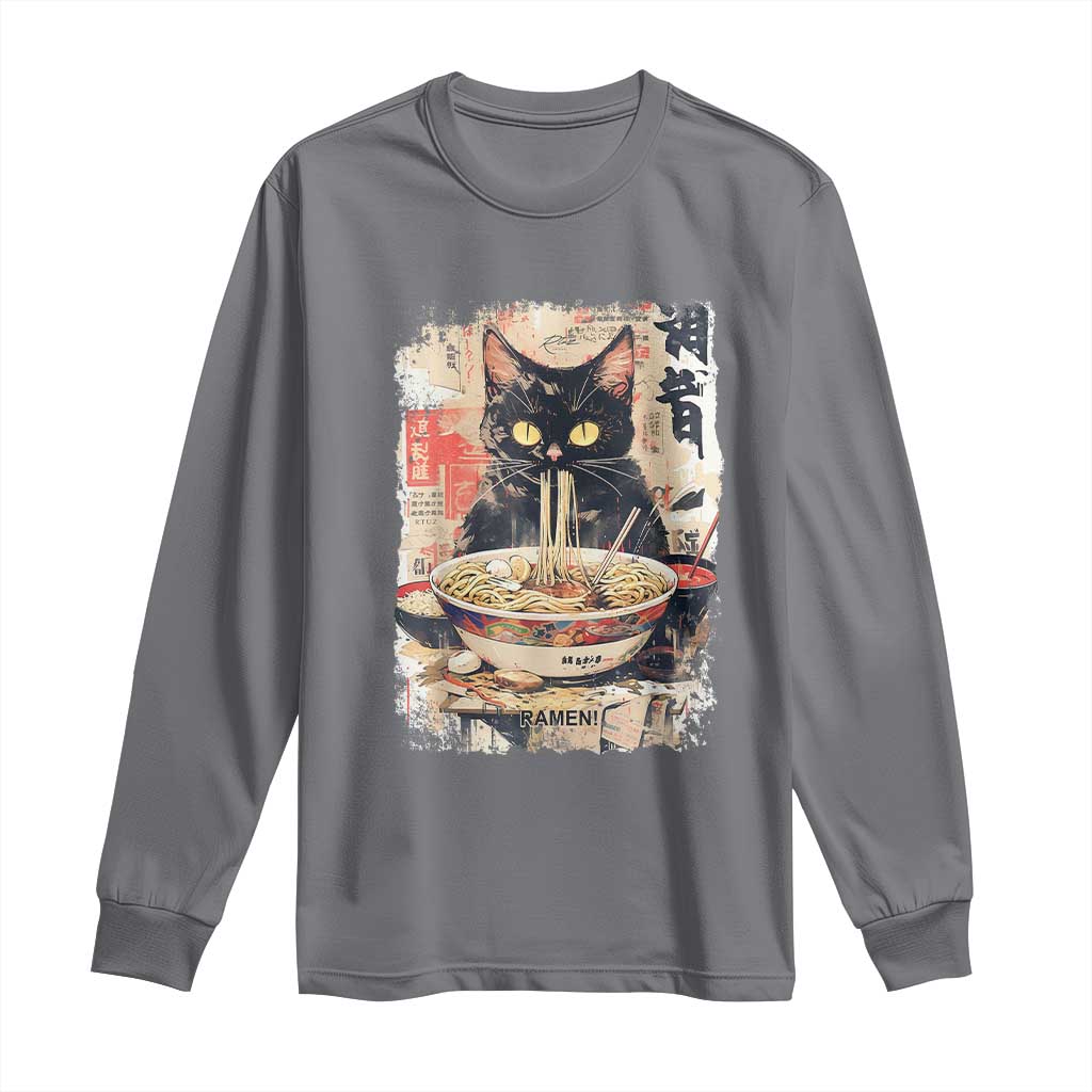 Ramen Noodles Black Cat Graphic Long Sleeve Shirt Kawaii Retro Japan Y2K Cats Manga Anime TS02 Charcoal Print Your Wear