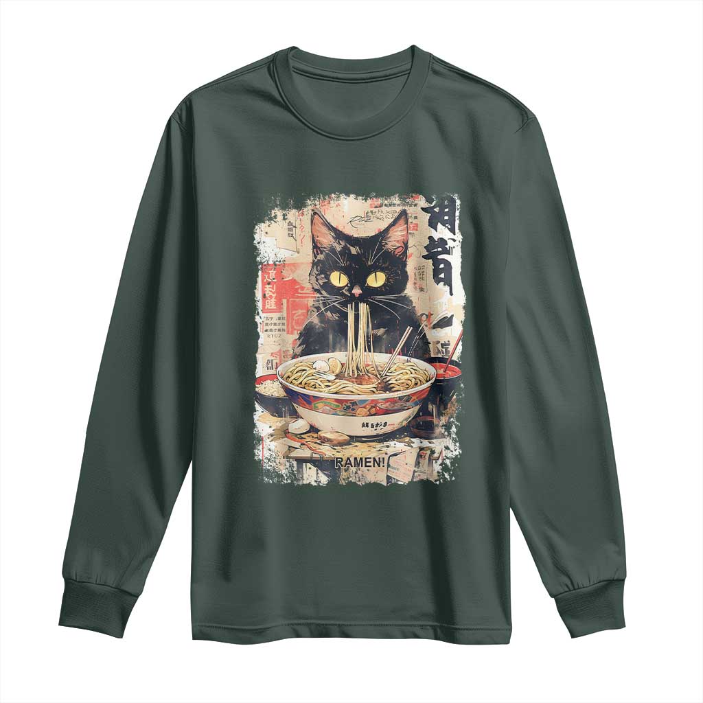 Ramen Noodles Black Cat Graphic Long Sleeve Shirt Kawaii Retro Japan Y2K Cats Manga Anime TS02 Dark Forest Green Print Your Wear
