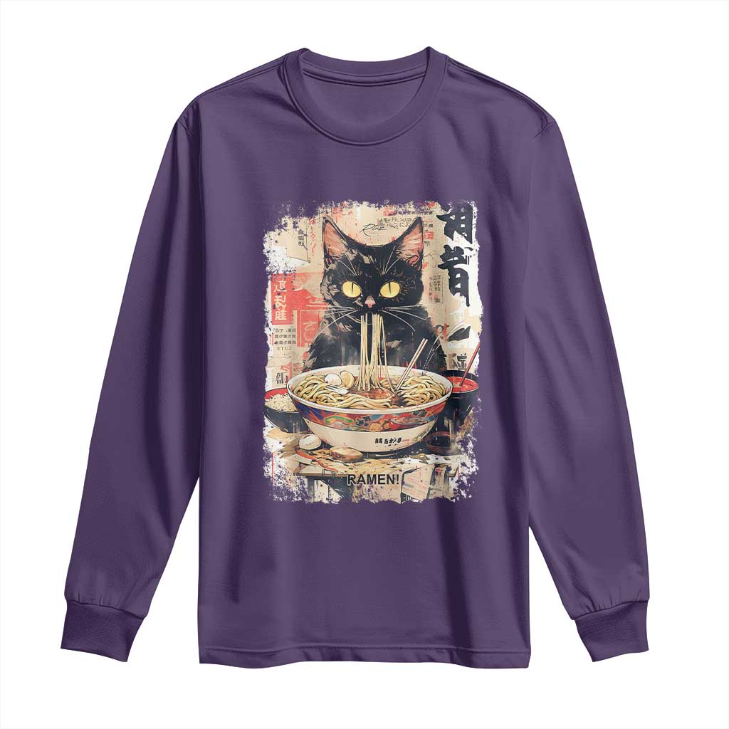 Ramen Noodles Black Cat Graphic Long Sleeve Shirt Kawaii Retro Japan Y2K Cats Manga Anime TS02 Purple Print Your Wear