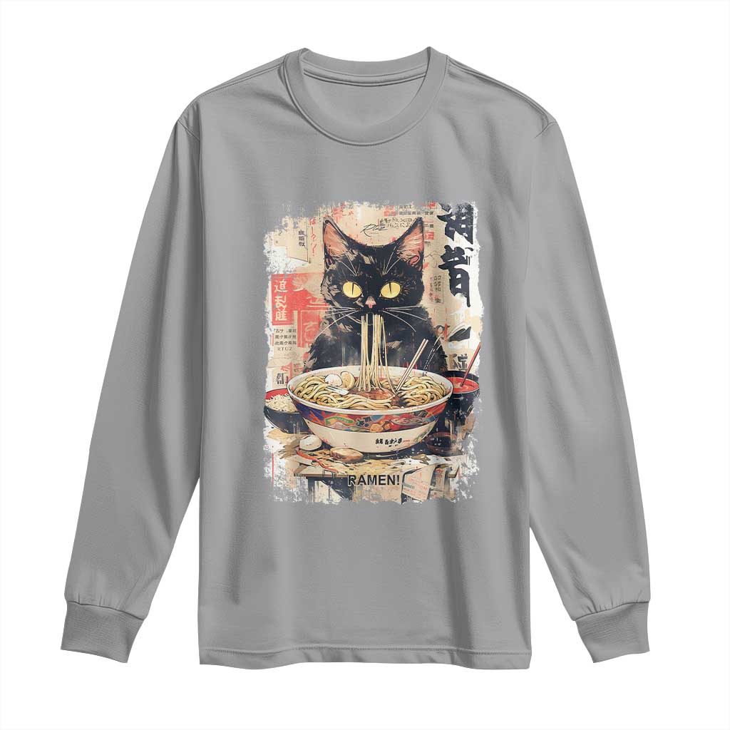 Ramen Noodles Black Cat Graphic Long Sleeve Shirt Kawaii Retro Japan Y2K Cats Manga Anime TS02 Sport Gray Print Your Wear