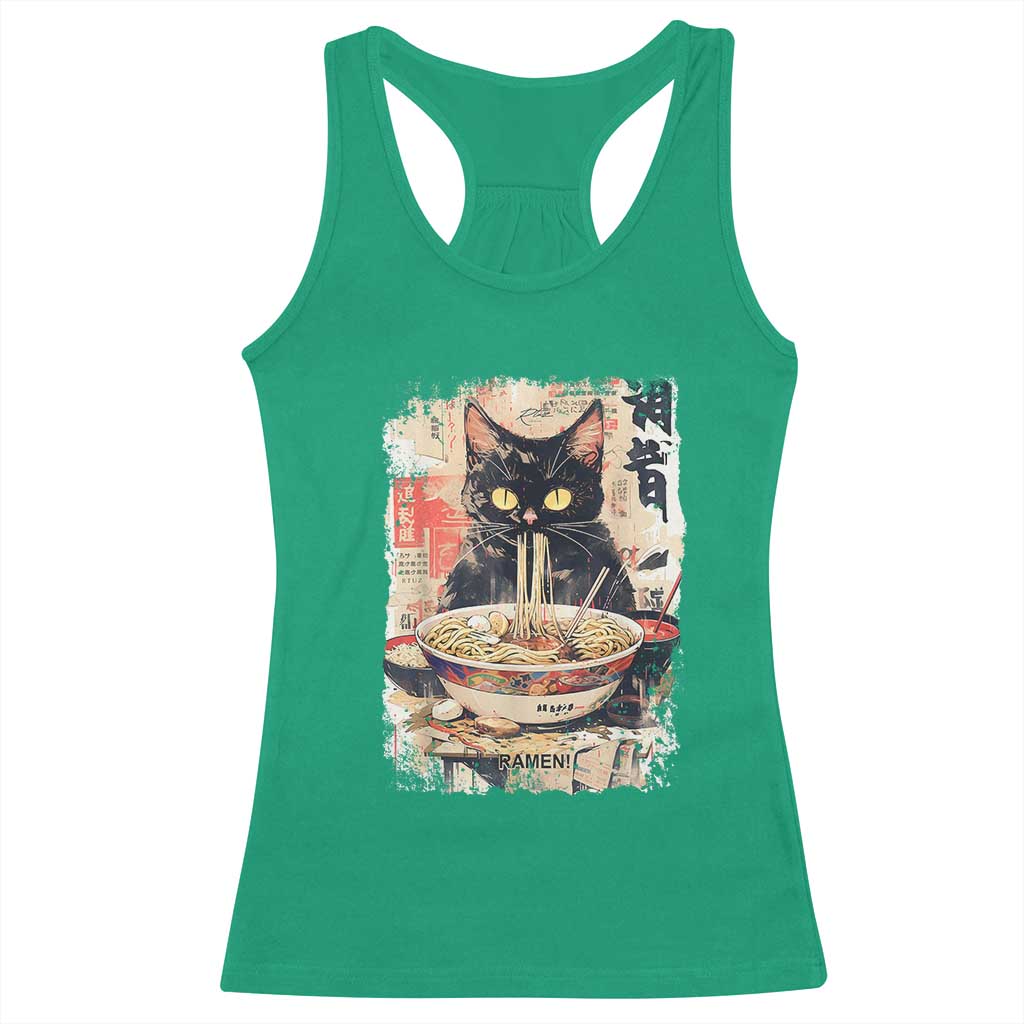 Ramen Noodles Black Cat Graphic Racerback Tank Top Kawaii Retro Japan Y2K Cats Manga Anime TS02 Irish Green Print Your Wear