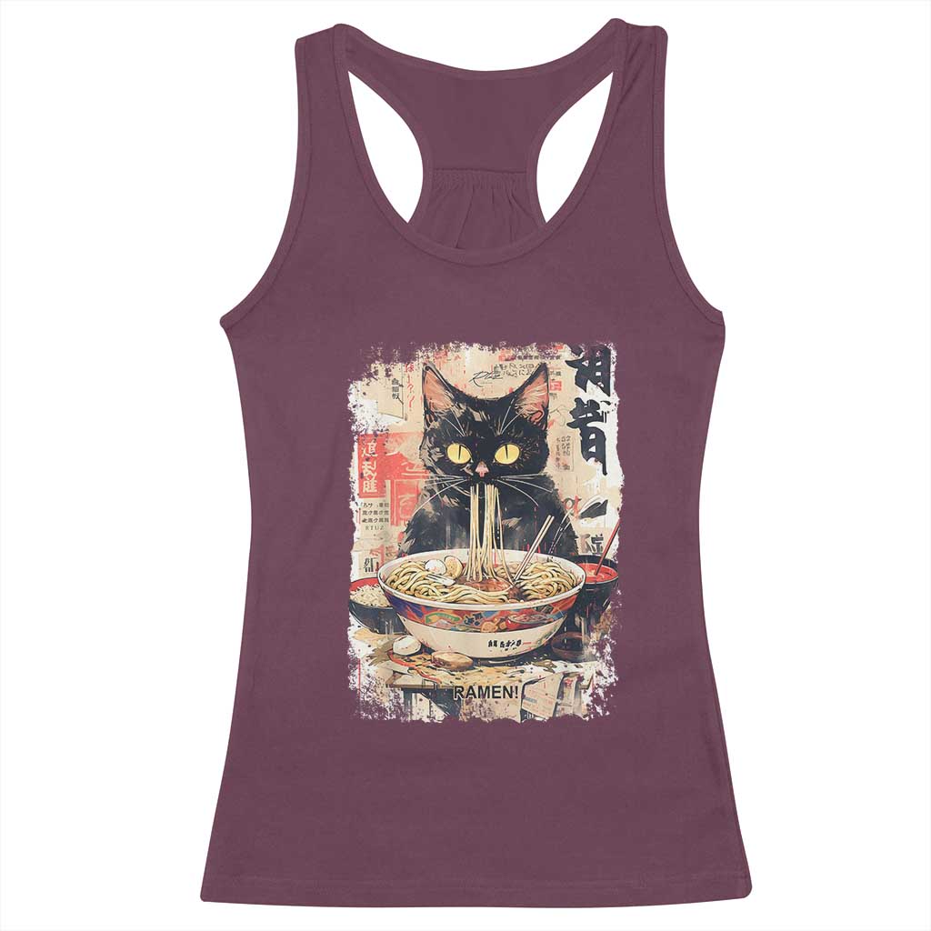 Ramen Noodles Black Cat Graphic Racerback Tank Top Kawaii Retro Japan Y2K Cats Manga Anime TS02 Maroon Print Your Wear