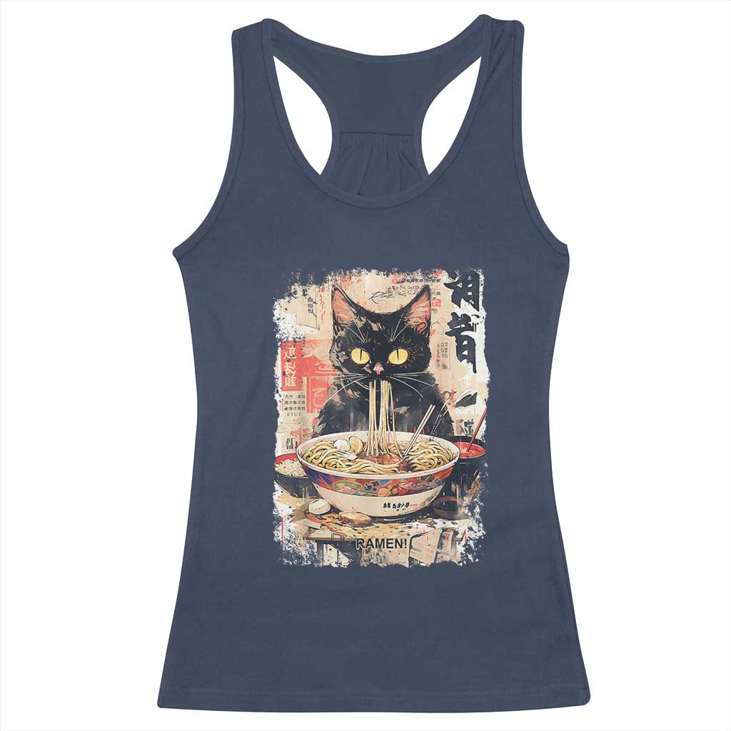 Ramen Noodles Black Cat Graphic Racerback Tank Top Kawaii Retro Japan Y2K Cats Manga Anime TS02 Navy Print Your Wear