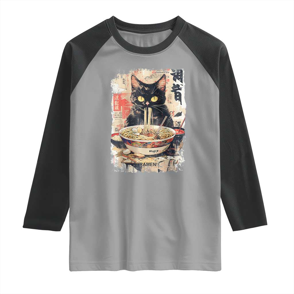 Ramen Noodles Black Cat Graphic Raglan Shirt Kawaii Retro Japan Y2K Cats Manga Anime TS02 Sport Gray Black Print Your Wear