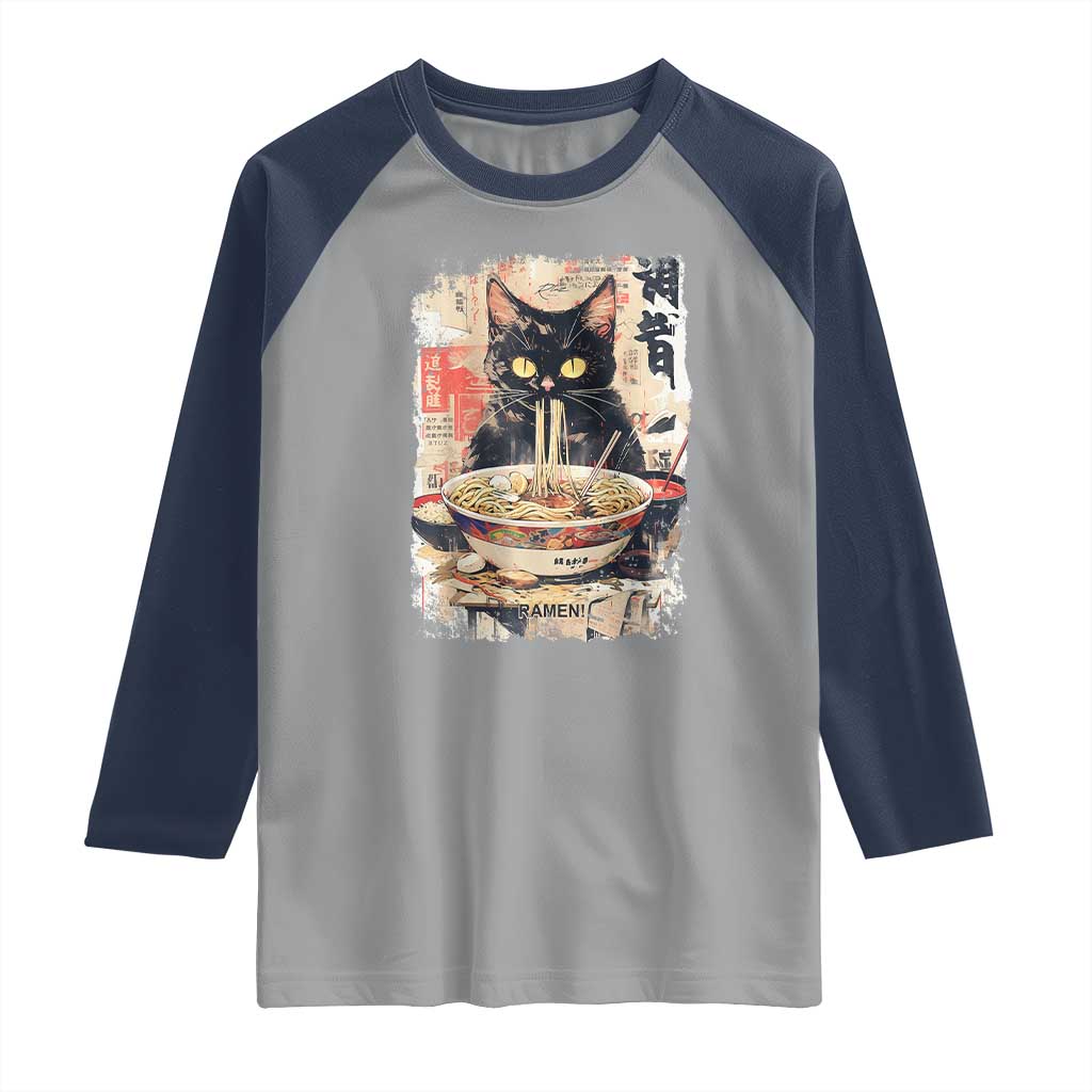 Ramen Noodles Black Cat Graphic Raglan Shirt Kawaii Retro Japan Y2K Cats Manga Anime TS02 Sport Gray Navy Print Your Wear