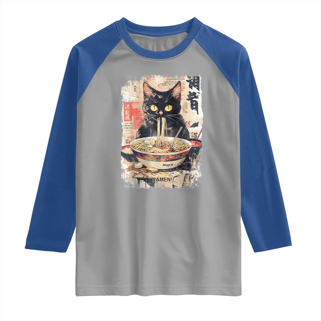 Ramen Noodles Black Cat Graphic Raglan Shirt Kawaii Retro Japan Y2K Cats Manga Anime TS02 Sport Gray Royal Print Your Wear