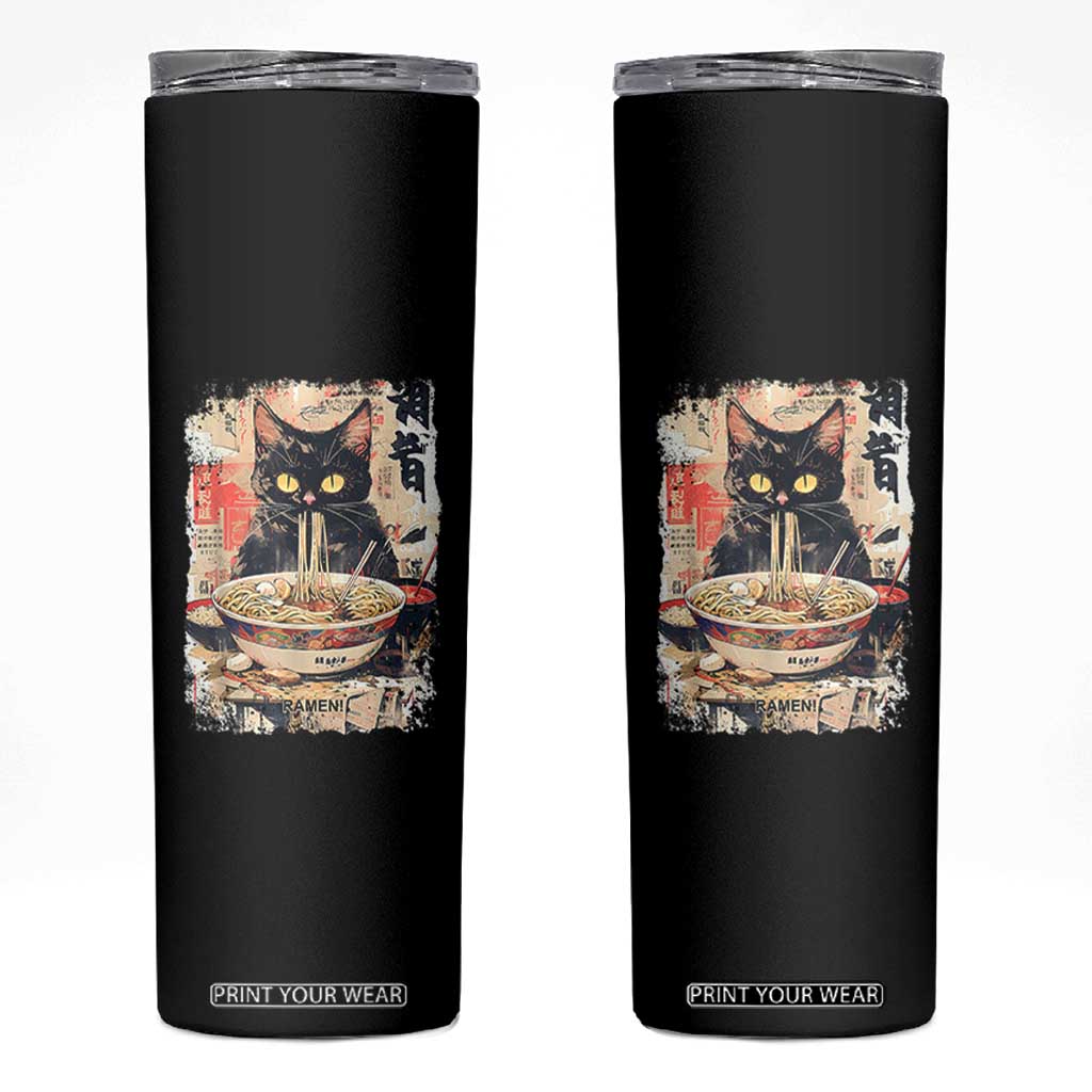 Ramen Noodles Black Cat Graphic Skinny Tumbler Kawaii Retro Japan Y2K Cats Manga Anime TS02 Black Print Your Wear