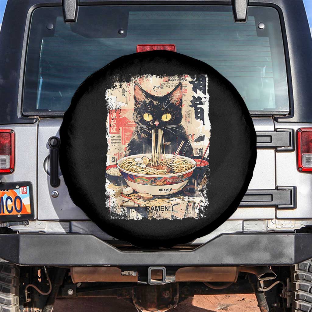 Ramen Noodles Black Cat Graphic Spare Tire Cover Kawaii Retro Japan Y2K Cats Manga Anime TS02 No hole Black Print Your Wear