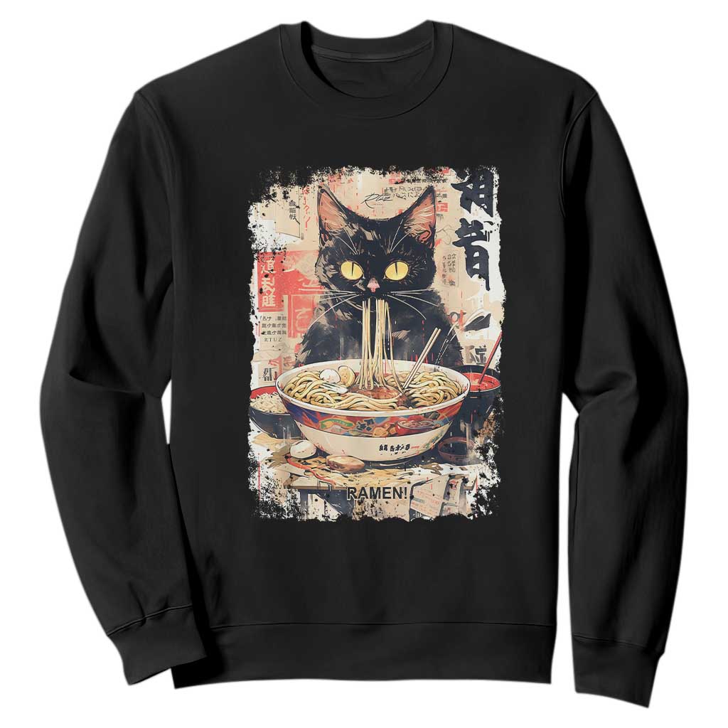 Ramen Noodles Black Cat Graphic Sweatshirt Kawaii Retro Japan Y2K Cats Manga Anime TS02 Black Print Your Wear