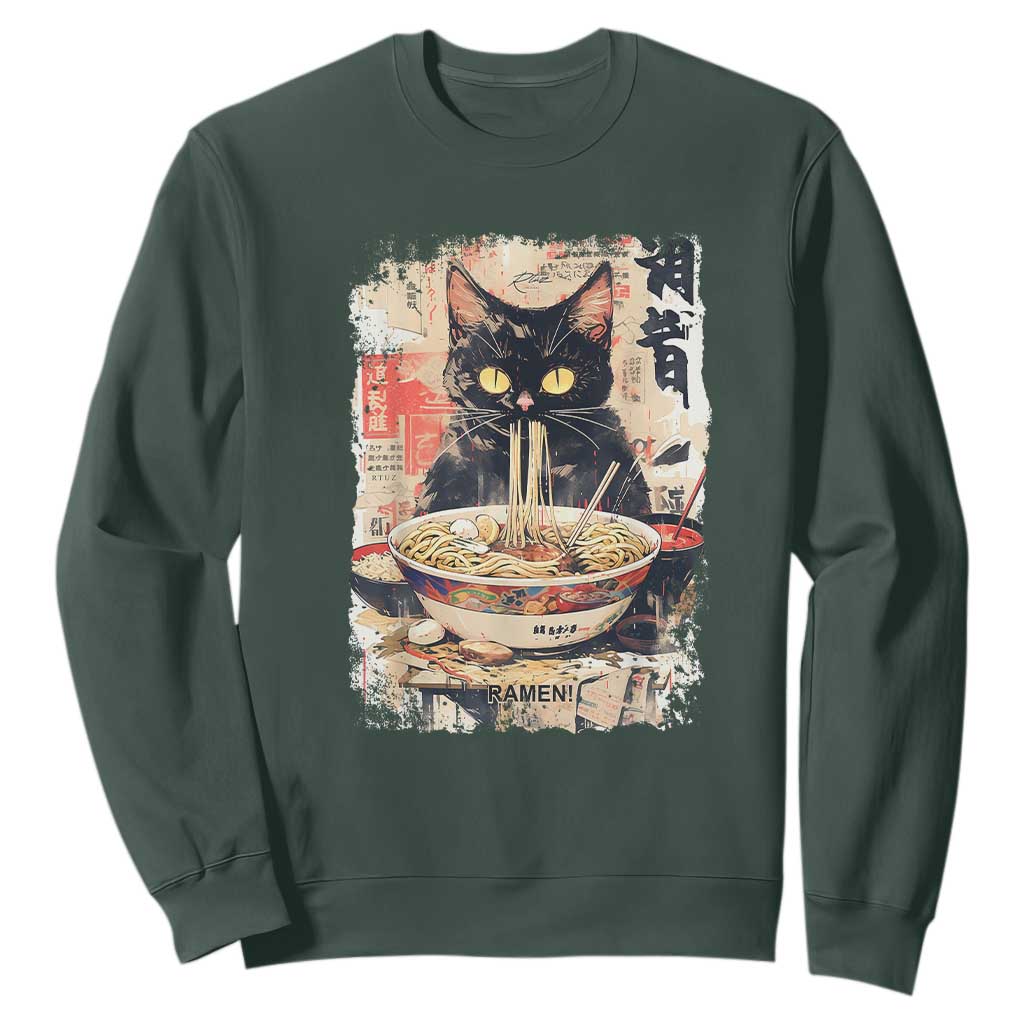 Ramen Noodles Black Cat Graphic Sweatshirt Kawaii Retro Japan Y2K Cats Manga Anime TS02 Dark Forest Green Print Your Wear
