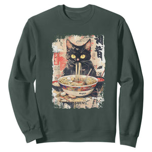 Ramen Noodles Black Cat Graphic Sweatshirt Kawaii Retro Japan Y2K Cats Manga Anime TS02 Dark Forest Green Print Your Wear
