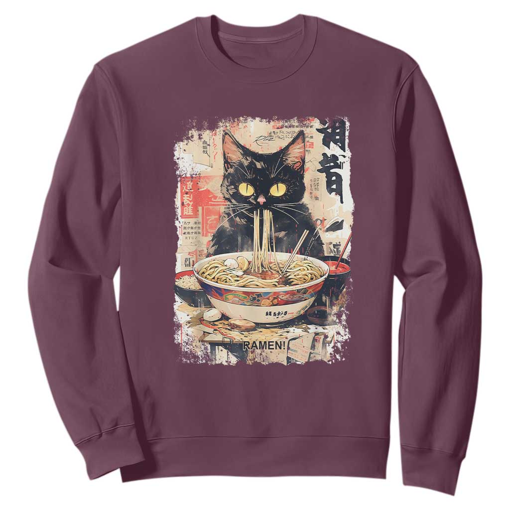 Ramen Noodles Black Cat Graphic Sweatshirt Kawaii Retro Japan Y2K Cats Manga Anime TS02 Maroon Print Your Wear