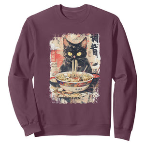 Ramen Noodles Black Cat Graphic Sweatshirt Kawaii Retro Japan Y2K Cats Manga Anime TS02 Maroon Print Your Wear