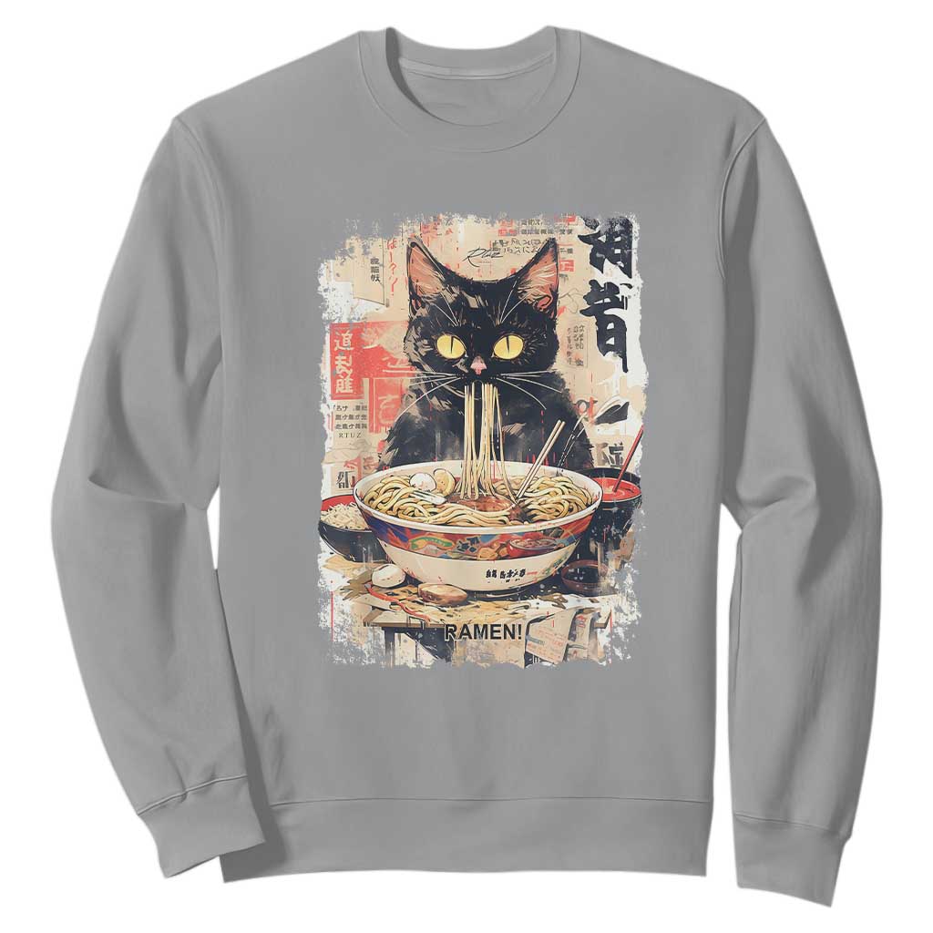 Ramen Noodles Black Cat Graphic Sweatshirt Kawaii Retro Japan Y2K Cats Manga Anime TS02 Sport Gray Print Your Wear