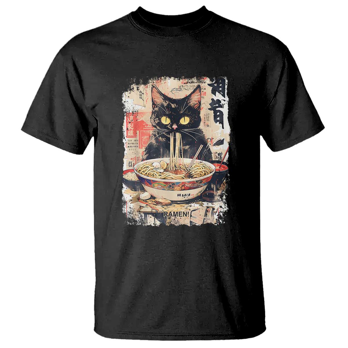 Ramen Noodles Black Cat Graphic T Shirt Kawaii Retro Japan Y2K Cats Manga Anime TS02 Black Print Your Wear