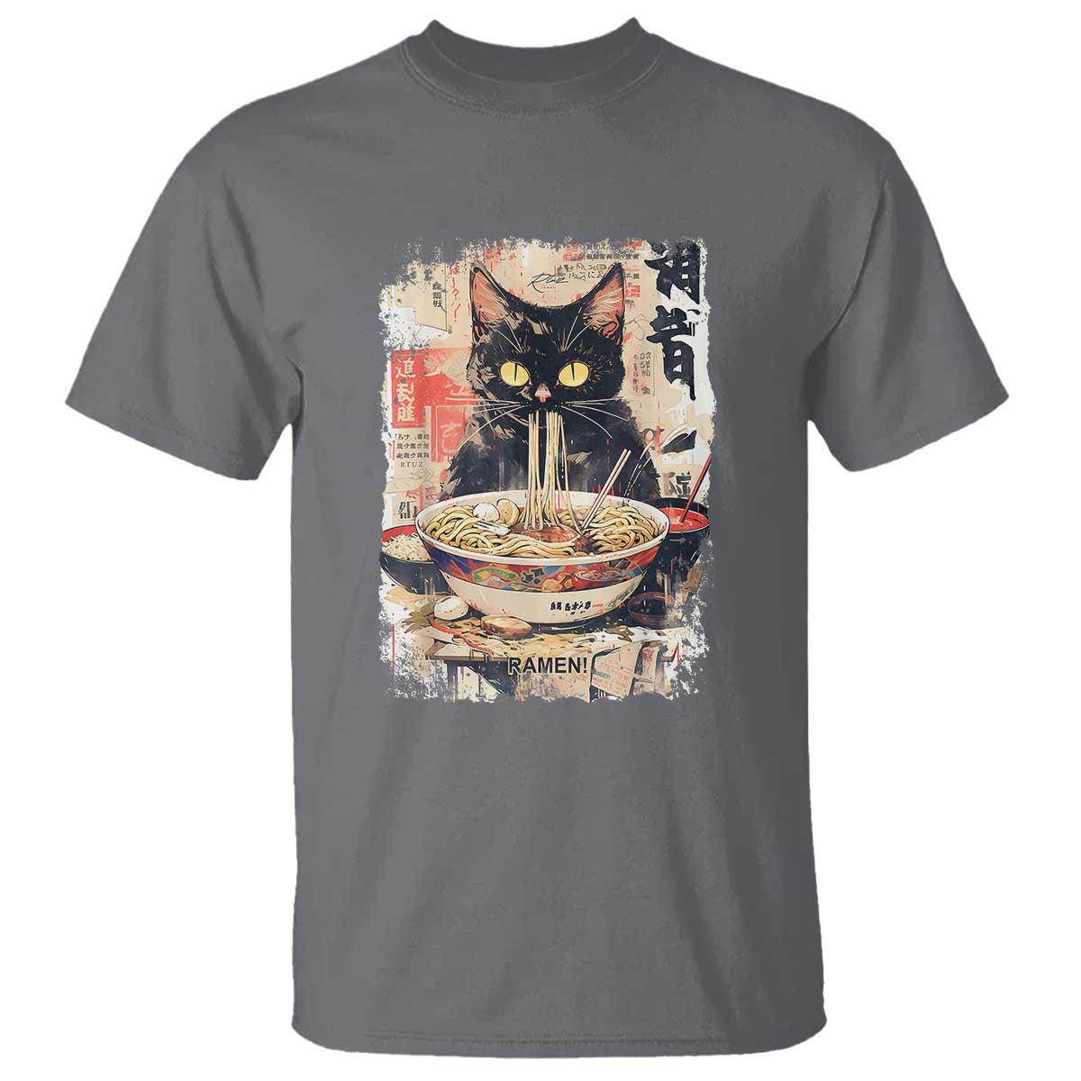 Ramen Noodles Black Cat Graphic T Shirt Kawaii Retro Japan Y2K Cats Manga Anime TS02 Charcoal Print Your Wear