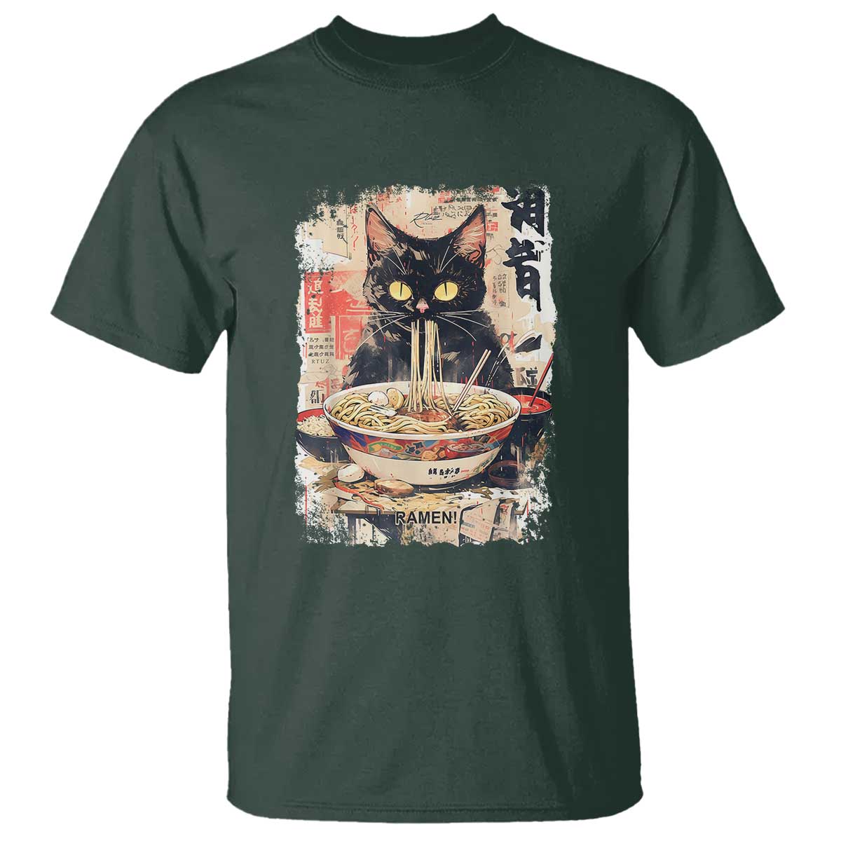 Ramen Noodles Black Cat Graphic T Shirt Kawaii Retro Japan Y2K Cats Manga Anime TS02 Dark Forest Green Print Your Wear