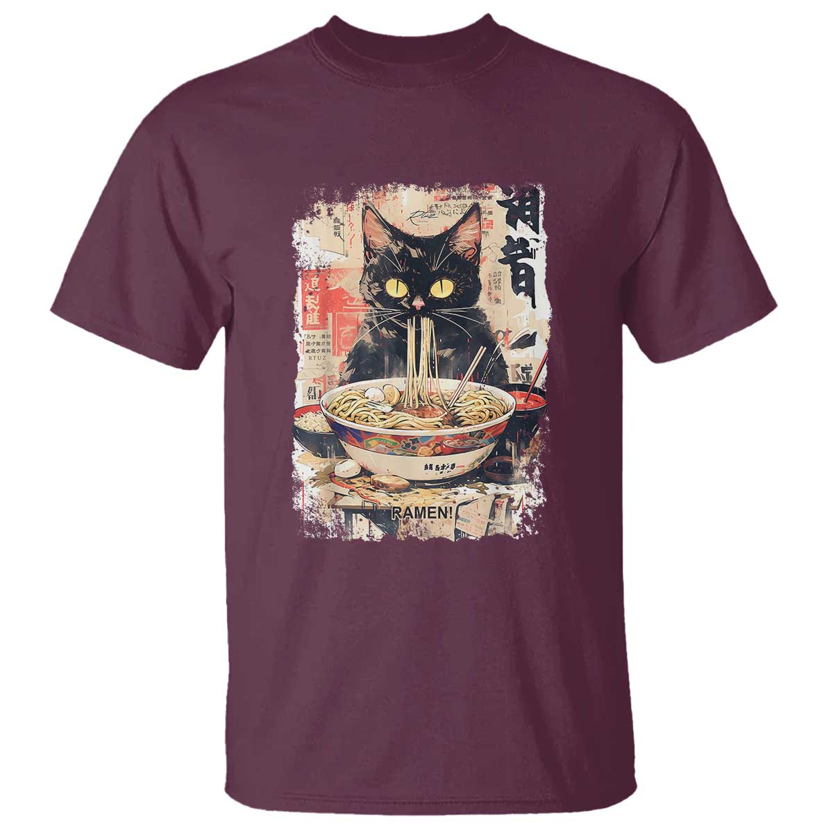 Ramen Noodles Black Cat Graphic T Shirt Kawaii Retro Japan Y2K Cats Manga Anime TS02 Maroon Print Your Wear