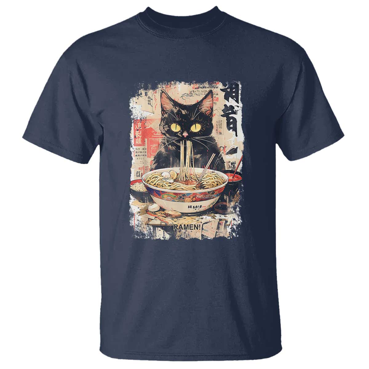 Ramen Noodles Black Cat Graphic T Shirt Kawaii Retro Japan Y2K Cats Manga Anime TS02 Navy Print Your Wear