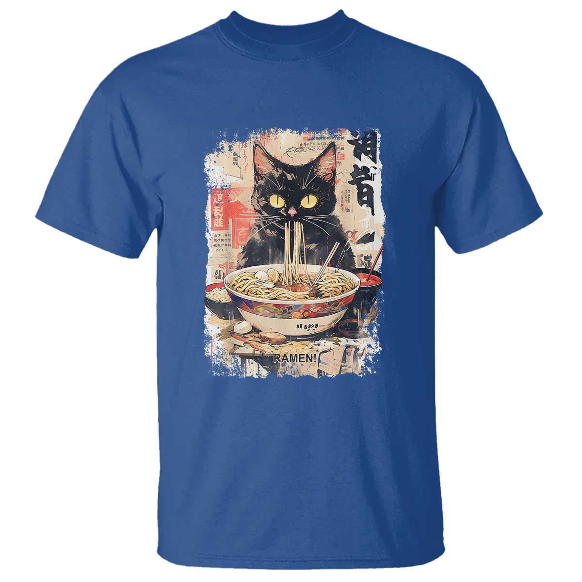 Ramen Noodles Black Cat Graphic T Shirt Kawaii Retro Japan Y2K Cats Manga Anime TS02 Royal Blue Print Your Wear