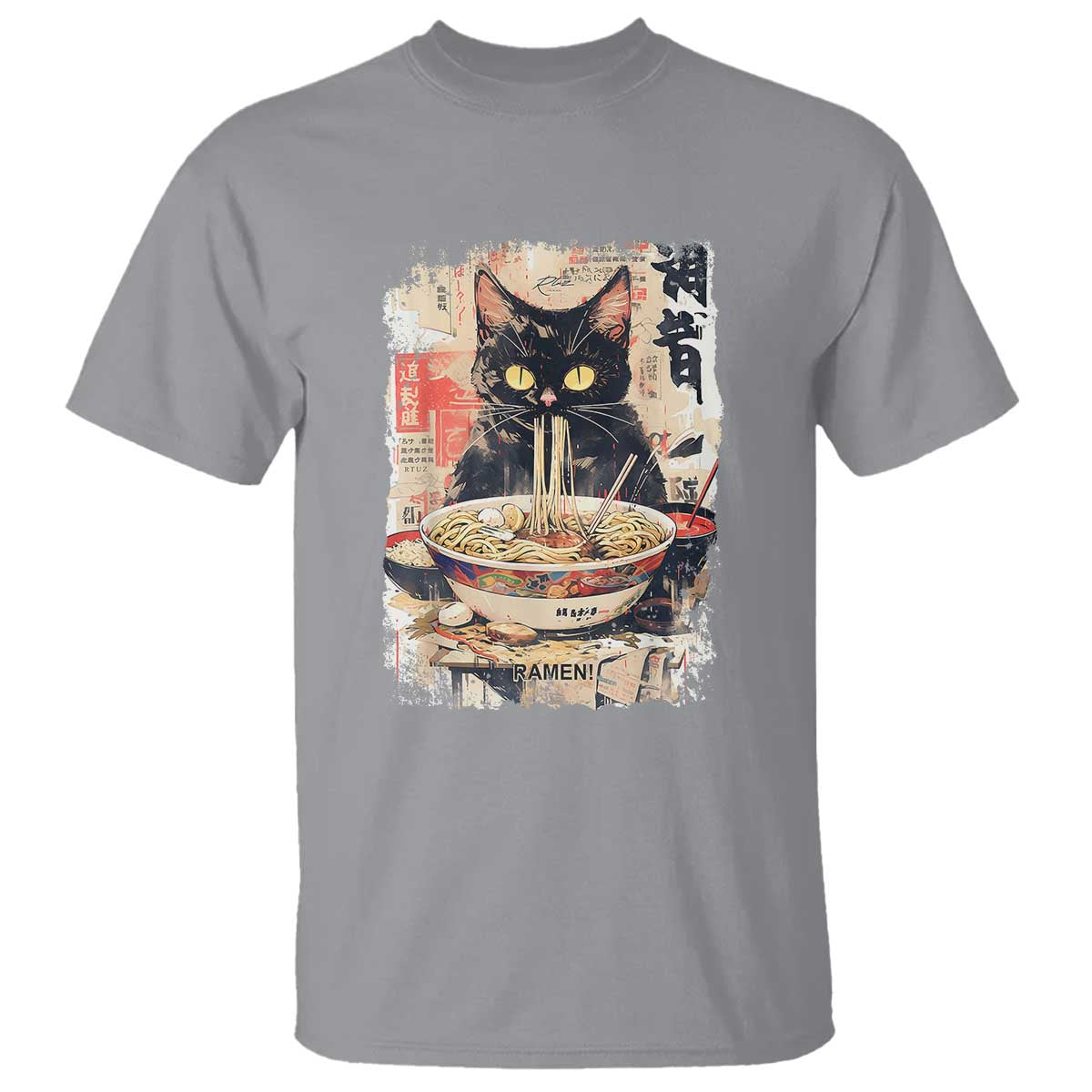 Ramen Noodles Black Cat Graphic T Shirt Kawaii Retro Japan Y2K Cats Manga Anime TS02 Sport Gray Print Your Wear
