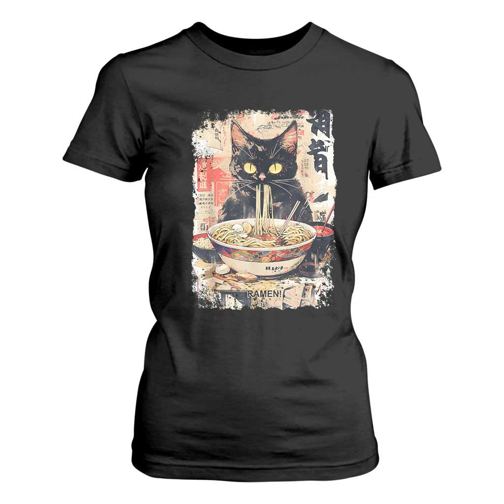Ramen Noodles Black Cat Graphic T Shirt For Women Kawaii Retro Japan Y2K Cats Manga Anime TS02 Black Print Your Wear