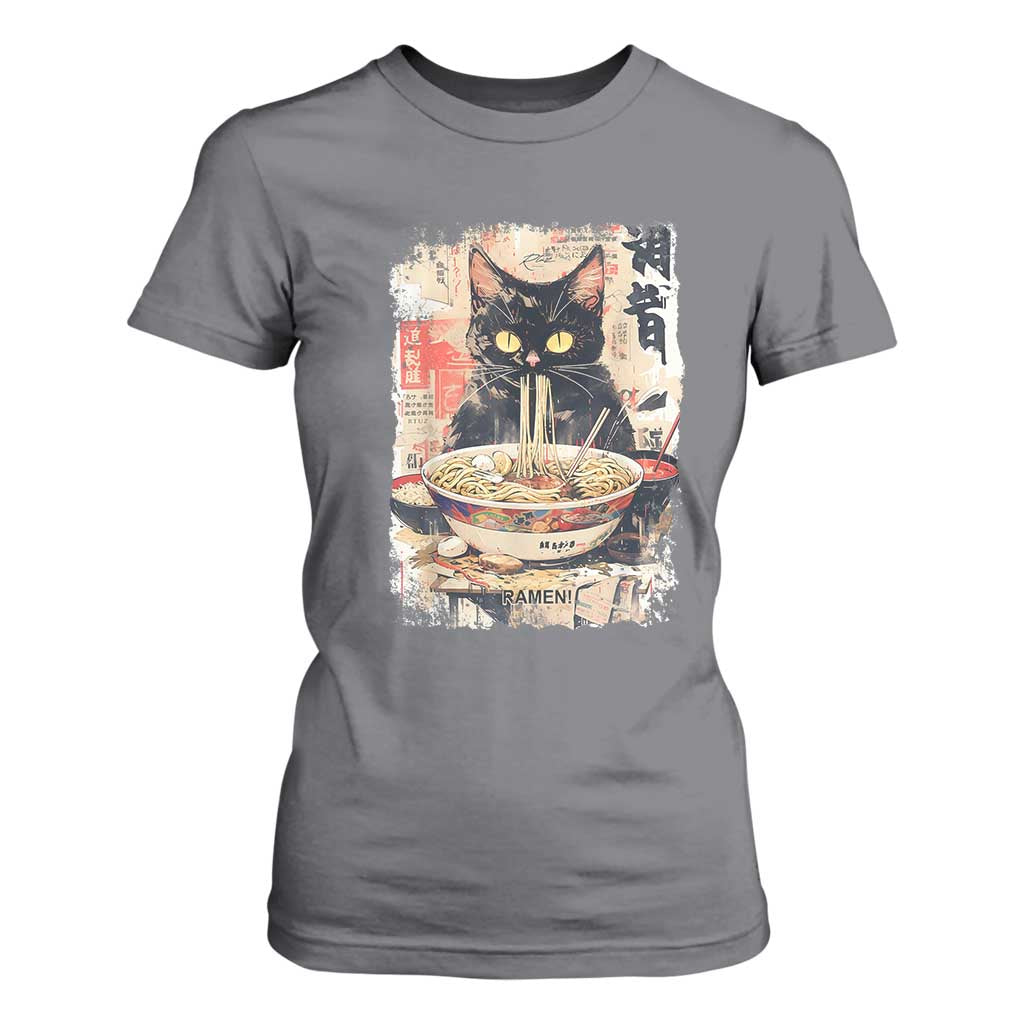 Ramen Noodles Black Cat Graphic T Shirt For Women Kawaii Retro Japan Y2K Cats Manga Anime TS02 Charcoal Print Your Wear