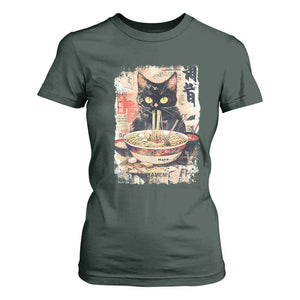Ramen Noodles Black Cat Graphic T Shirt For Women Kawaii Retro Japan Y2K Cats Manga Anime TS02 Dark Forest Green Print Your Wear