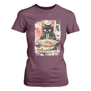 Ramen Noodles Black Cat Graphic T Shirt For Women Kawaii Retro Japan Y2K Cats Manga Anime TS02 Maroon Print Your Wear