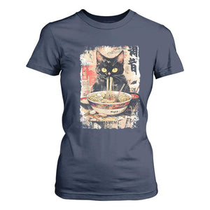 Ramen Noodles Black Cat Graphic T Shirt For Women Kawaii Retro Japan Y2K Cats Manga Anime TS02 Navy Print Your Wear