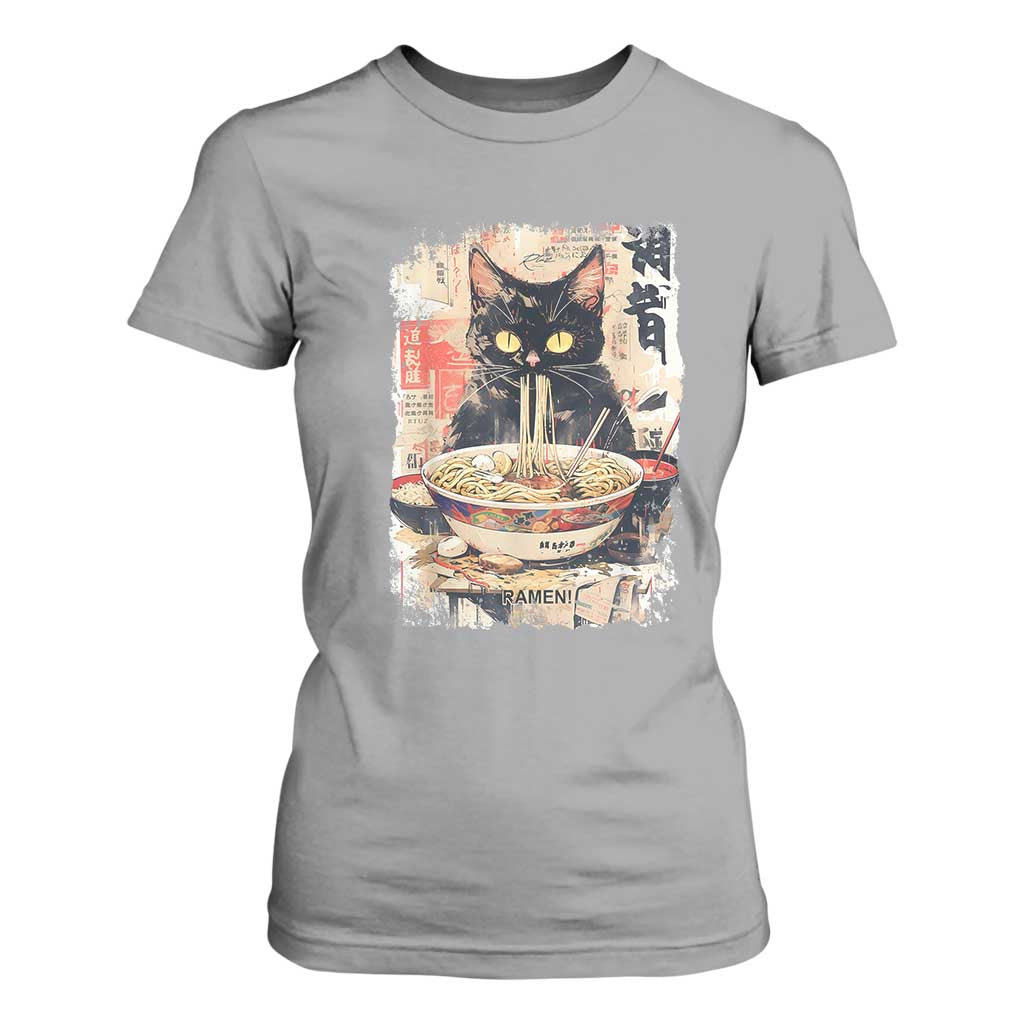 Ramen Noodles Black Cat Graphic T Shirt For Women Kawaii Retro Japan Y2K Cats Manga Anime TS02 Sport Gray Print Your Wear