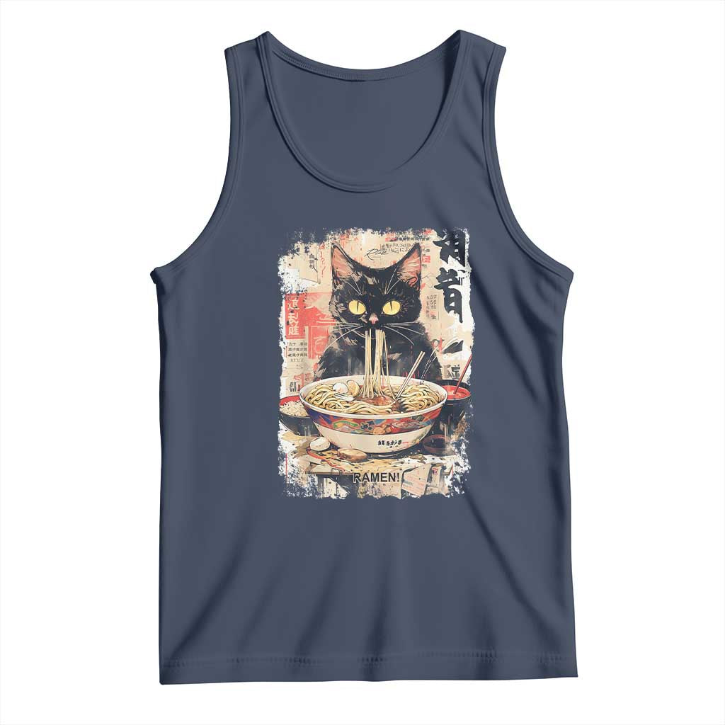 Ramen Noodles Black Cat Graphic Tank Top Kawaii Retro Japan Y2K Cats Manga Anime TS02 Navy Print Your Wear