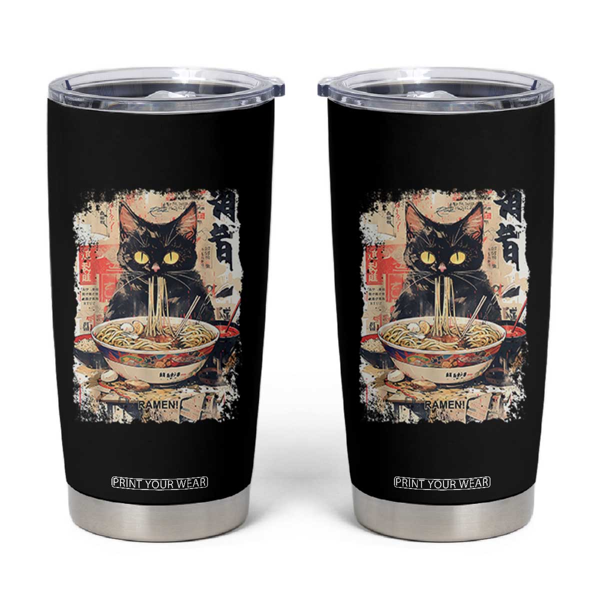 Ramen Noodles Black Cat Graphic Tumbler Cup Kawaii Retro Japan Y2K Cats Manga Anime TS02 Black Print Your Wear