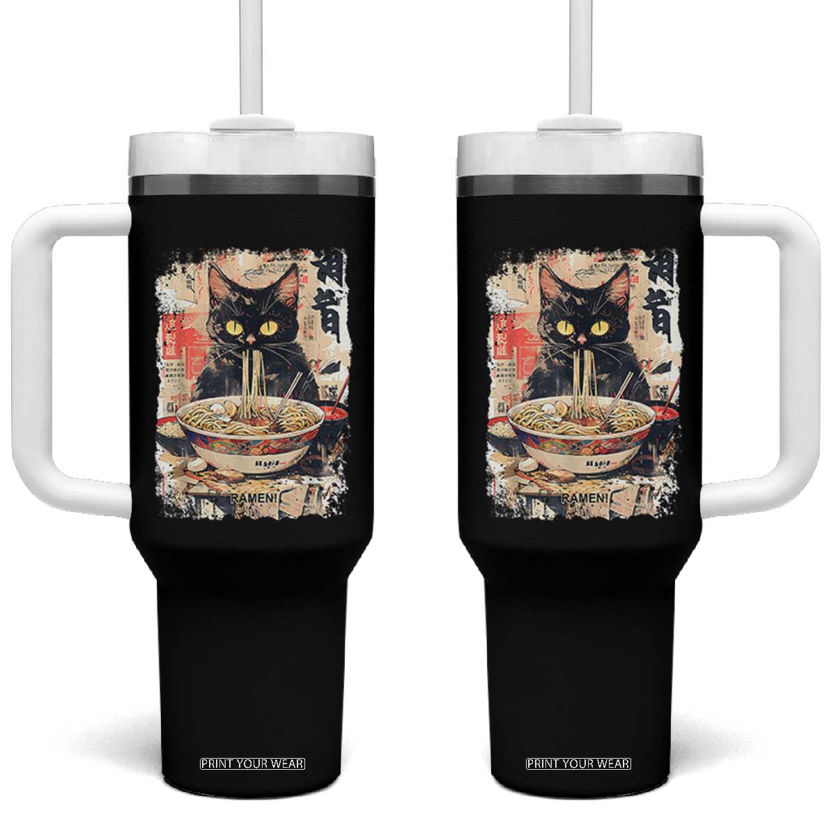 Ramen Noodles Black Cat Graphic Tumbler With Handle Kawaii Retro Japan Y2K Cats Manga Anime TS02 One Size: 40 oz Black Print Your Wear