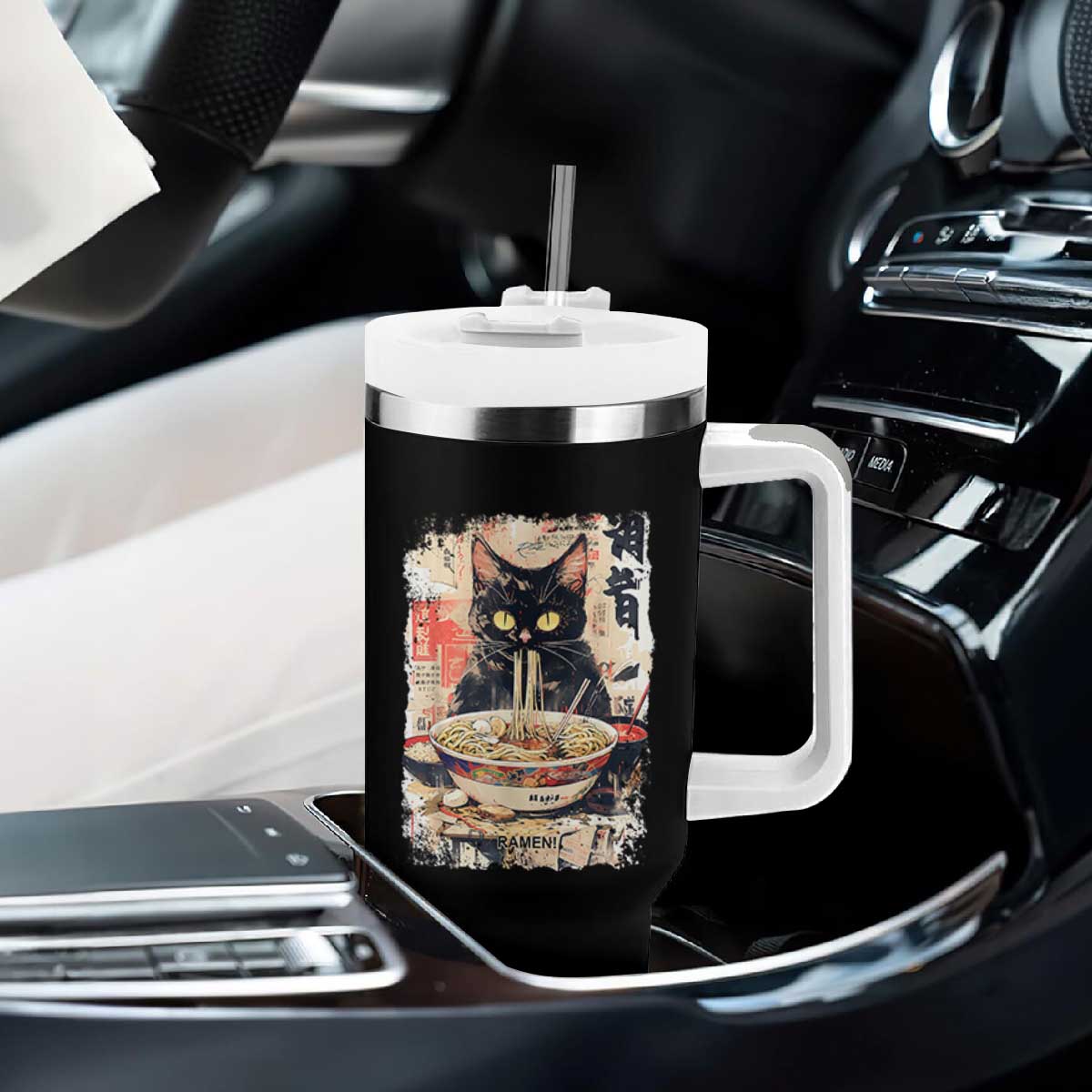 Ramen Noodles Black Cat Graphic Tumbler With Handle Kawaii Retro Japan Y2K Cats Manga Anime TS02 Print Your Wear