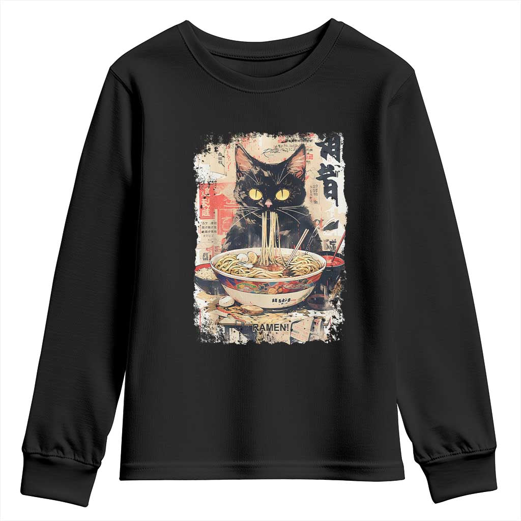 Ramen Noodles Black Cat Graphic Youth Sweatshirt Kawaii Retro Japan Y2K Cats Manga Anime TS02 Black Print Your Wear