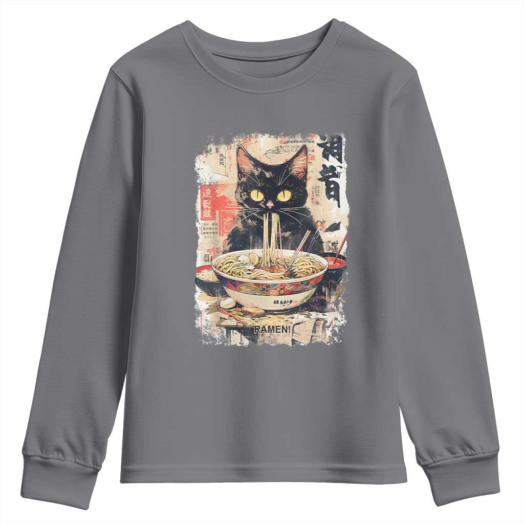 Ramen Noodles Black Cat Graphic Youth Sweatshirt Kawaii Retro Japan Y2K Cats Manga Anime TS02 Charcoal Print Your Wear