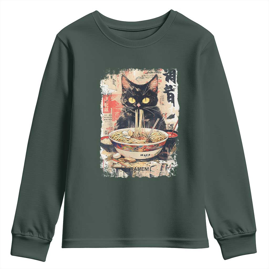 Ramen Noodles Black Cat Graphic Youth Sweatshirt Kawaii Retro Japan Y2K Cats Manga Anime TS02 Dark Forest Green Print Your Wear