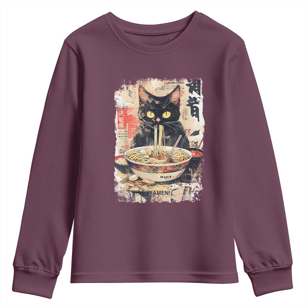 Ramen Noodles Black Cat Graphic Youth Sweatshirt Kawaii Retro Japan Y2K Cats Manga Anime TS02 Maroon Print Your Wear