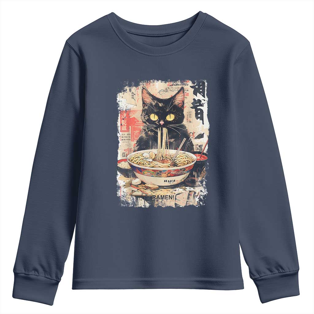 Ramen Noodles Black Cat Graphic Youth Sweatshirt Kawaii Retro Japan Y2K Cats Manga Anime TS02 Navy Print Your Wear