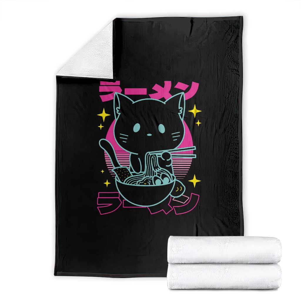 Kawaii Ramen Cat Throw Blanket Retro Japanese Noodles Lover Anime Aesthetic TS02 Black Print Your Wear