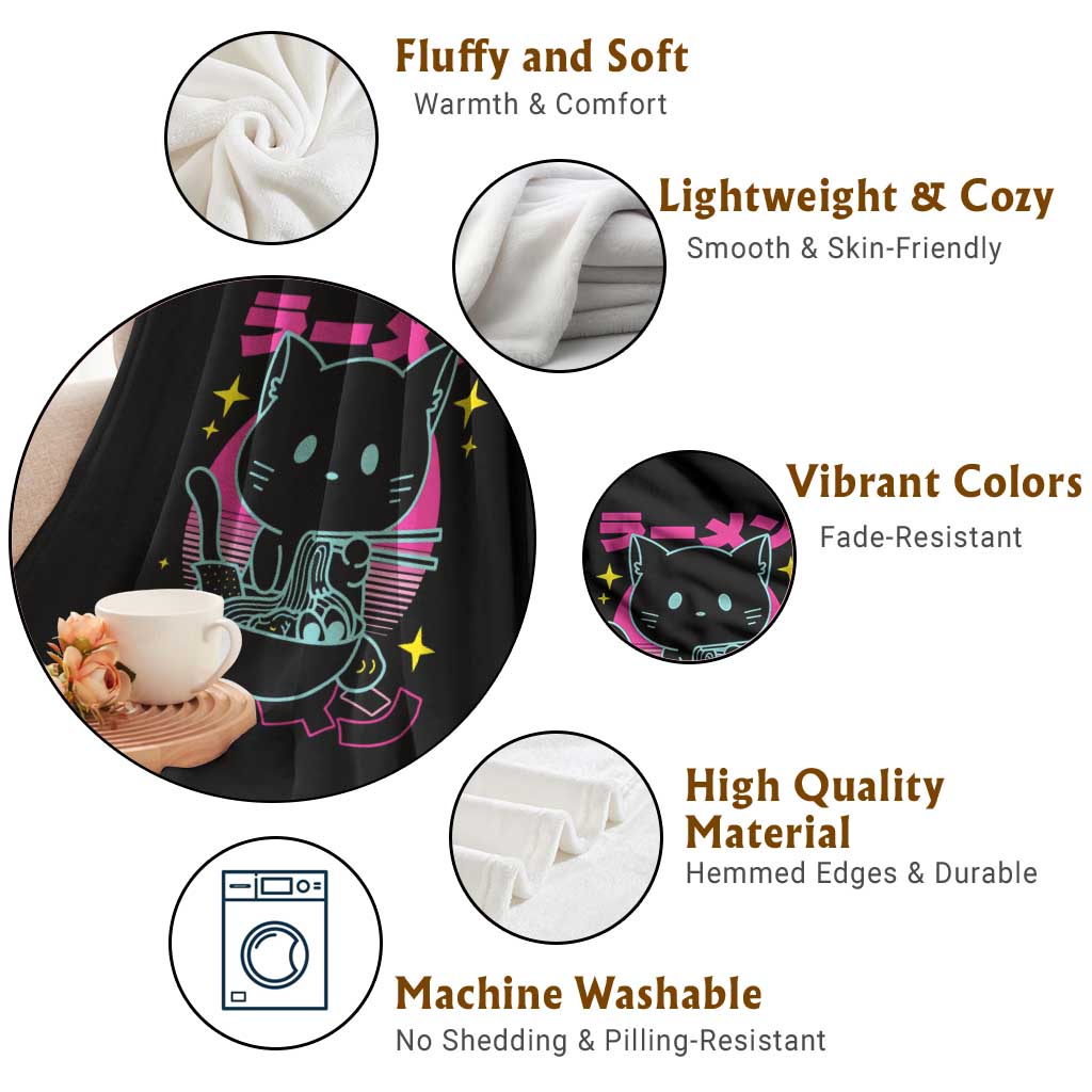 Kawaii Ramen Cat Throw Blanket Retro Japanese Noodles Lover Anime Aesthetic TS02 Print Your Wear