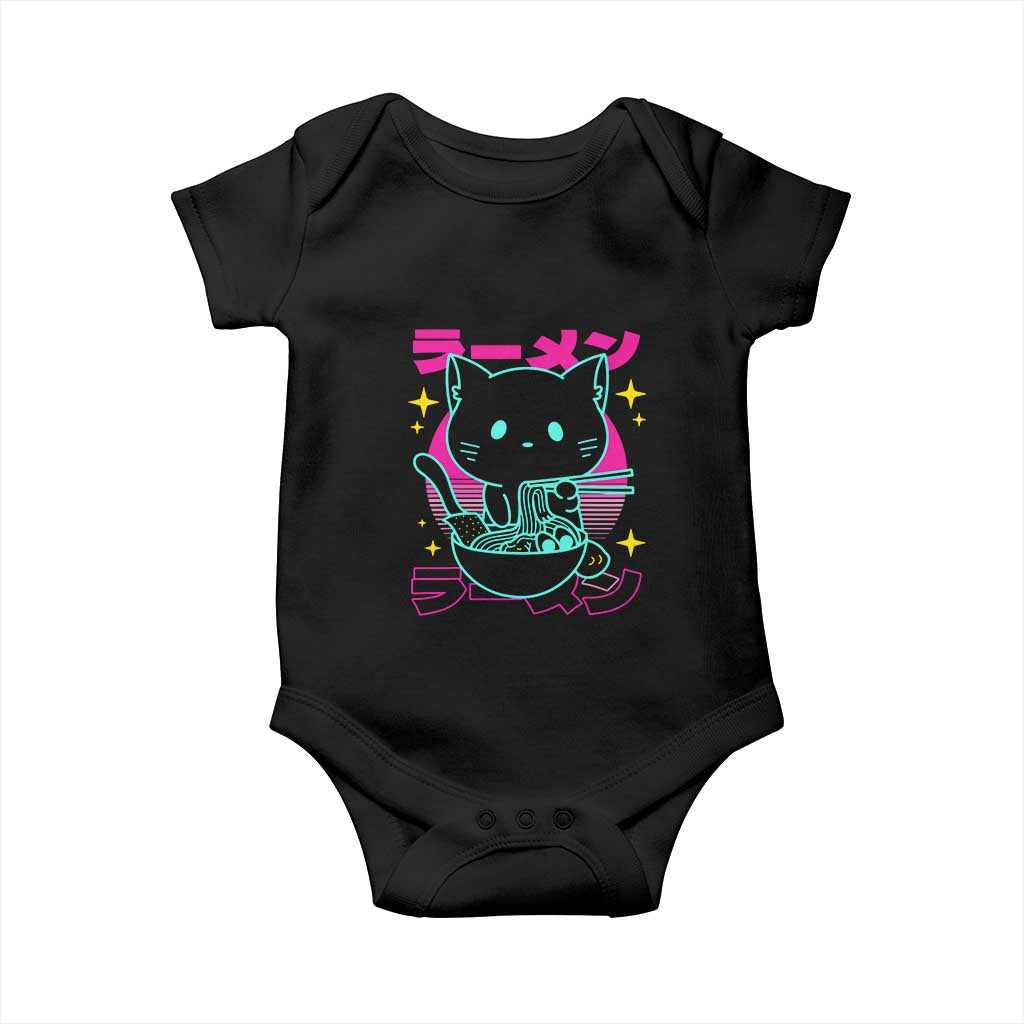 Kawaii Ramen Cat Baby Onesie Retro Japanese Noodles Lover Anime Aesthetic TS02 Black Print Your Wear