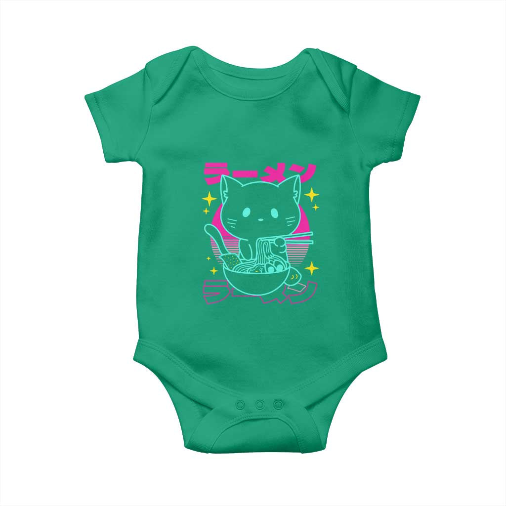 Kawaii Ramen Cat Baby Onesie Retro Japanese Noodles Lover Anime Aesthetic TS02 Irish Green Print Your Wear