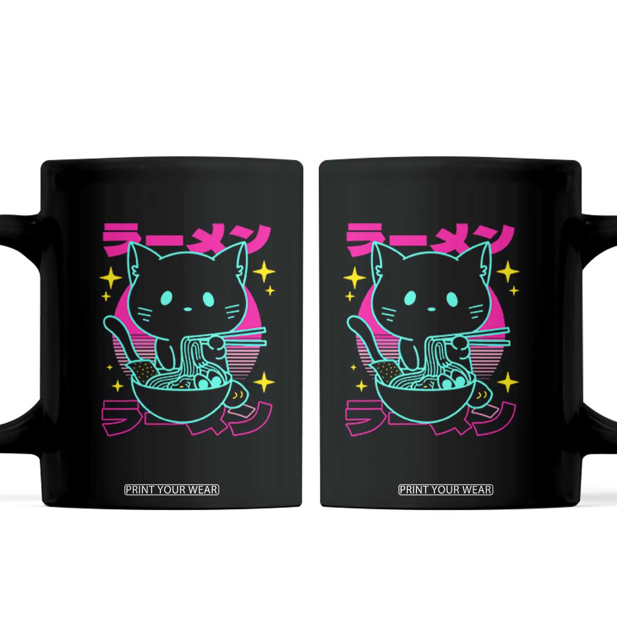 Kawaii Ramen Cat Coffee Mug Retro Japanese Noodles Lover Anime Aesthetic TS02 Black Print Your Wear